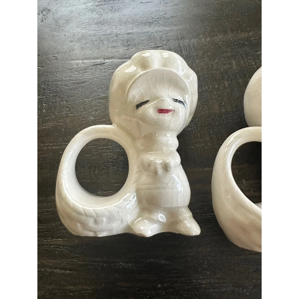 Vintage White Ceramic Sunbonnet Sue Girl Napkin Rings Set of 4 Mid Century Decor